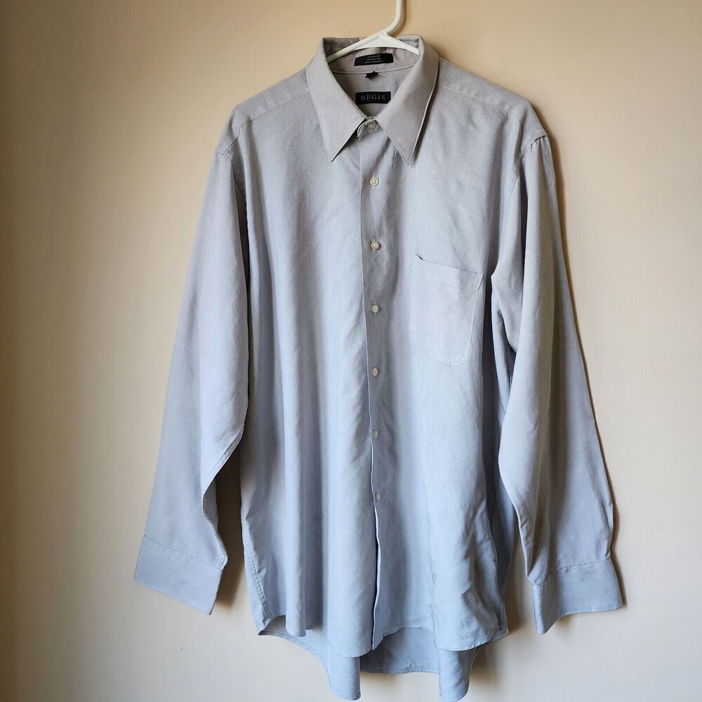Regis Button Up Dress Shirt Gray Mens Size 17.5 34/35 Large Microfiber